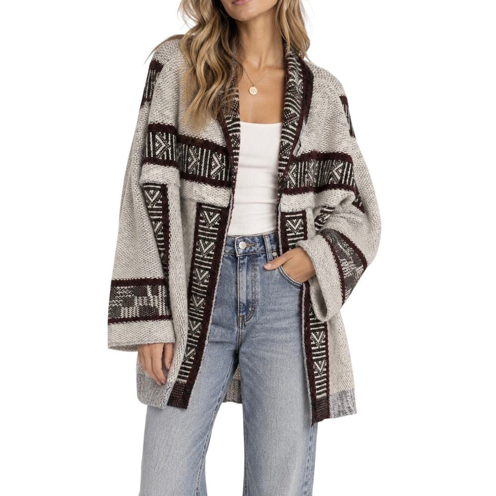 Zara Knit Oversized Sweater Jacket Chunky Slouchy Duster Burgundy Gray Small S